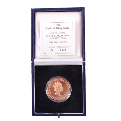 Lot 338 - Royal Mint 1996 Queen Elizabeth II 70th Birthday gold proof Crown.