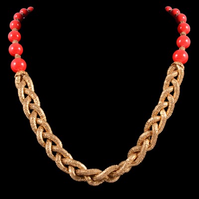 Lot 467A - A vintage red bead and plaited necklace, probably French.