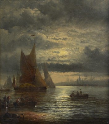 Lot 190 - William Thornley, Hay Barges on the Medway in moonlight