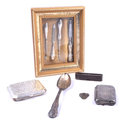 Lot 419 - Two silver cigarette cases, dessert spoon, four frames of manicure items and other items.