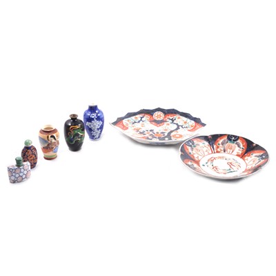 Lot 68 - Four Japanese Imari plates, a cloisonne vase, two small vases, two snuff bottles.