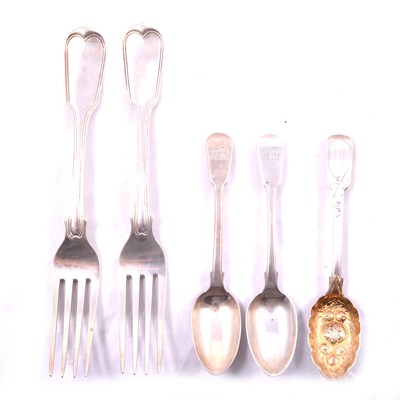 Lot 369 - Set of six Georgian silver table forks, William Eley I & William Fearn, London 1817, and other silver.